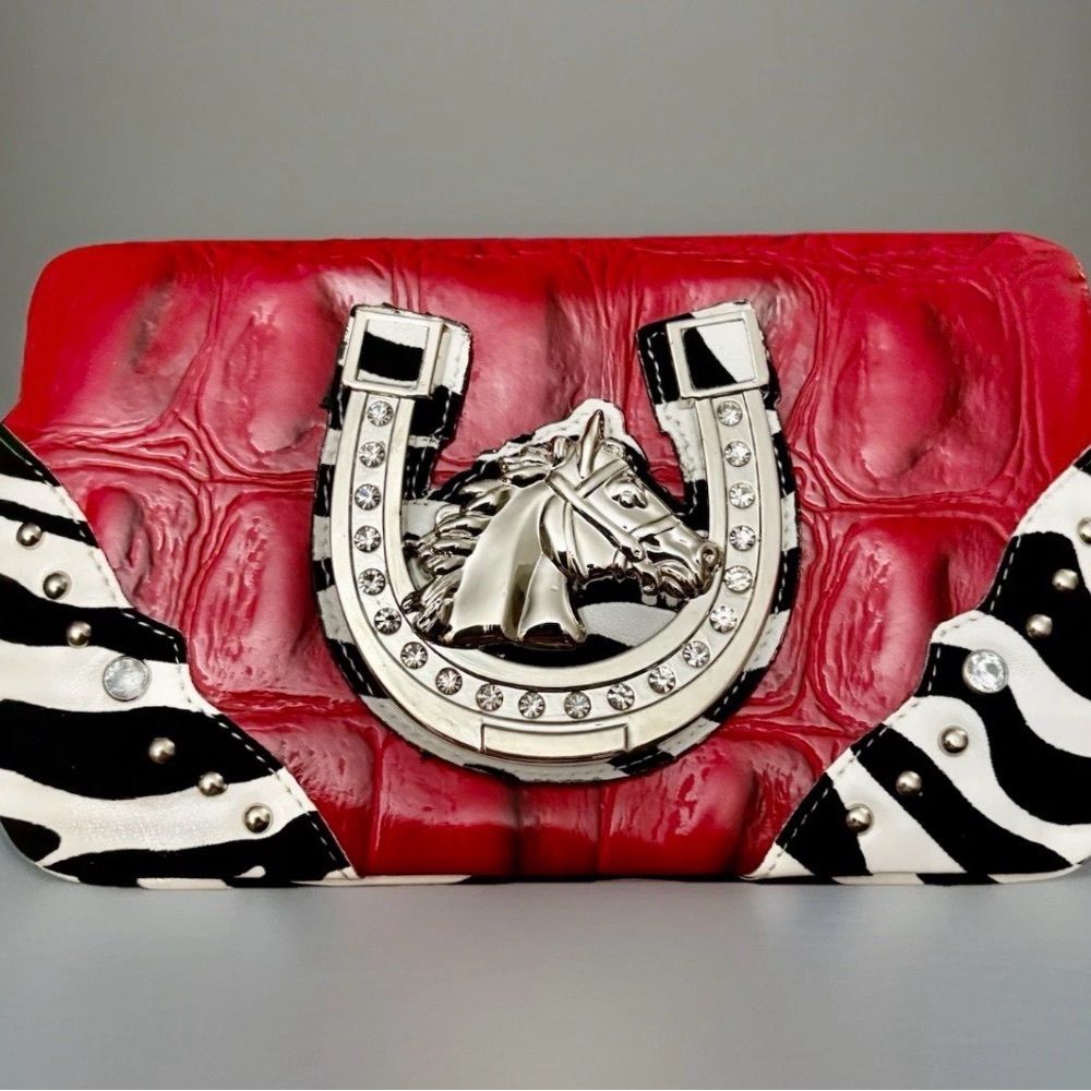NEW Alyssa Western HORSE Wallet Red Black Zebra & Rhinestones Horseshoe